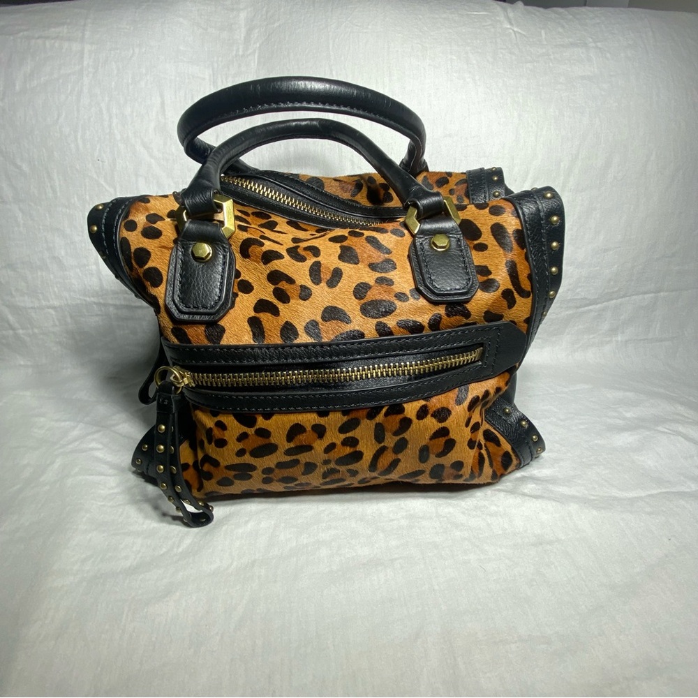 or YANY Animal Print and Black Leather Satchel Purse A236972